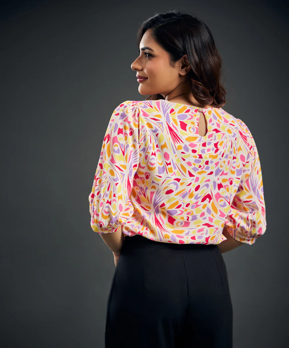 Half Sleeve Printed Chiffon Peach Top - Image 5