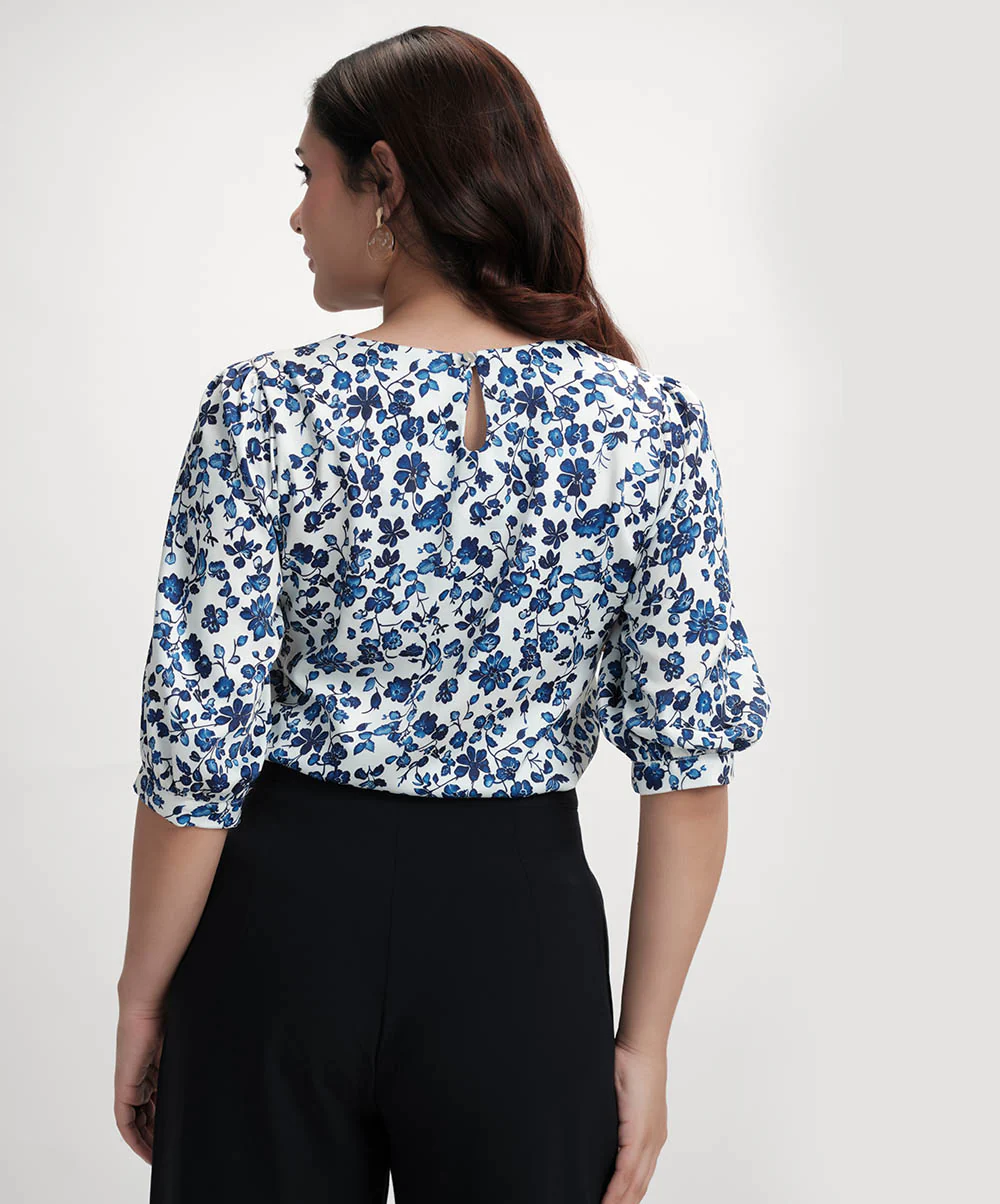 Half Sleeve Printed Chiffon Print Blue Top - Image 3