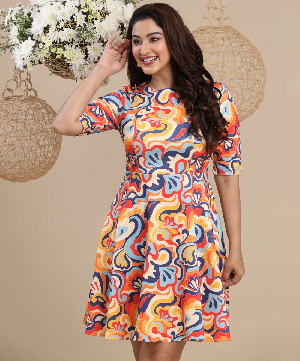 Half Sleeve Printed Mini Scuba Dress