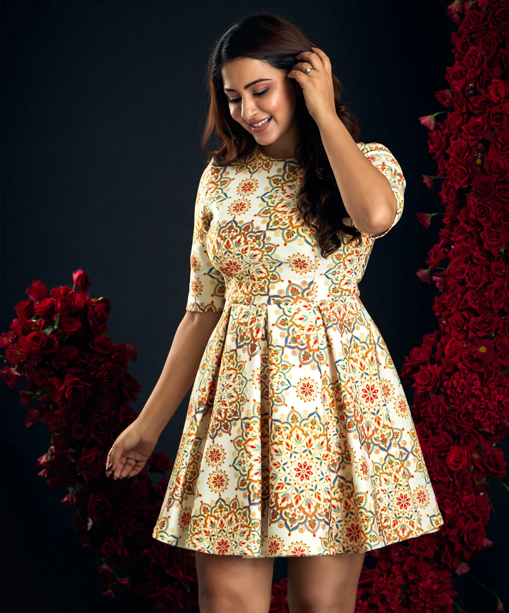 Half Sleeve Round Pleated Skater Dress - Image 2
