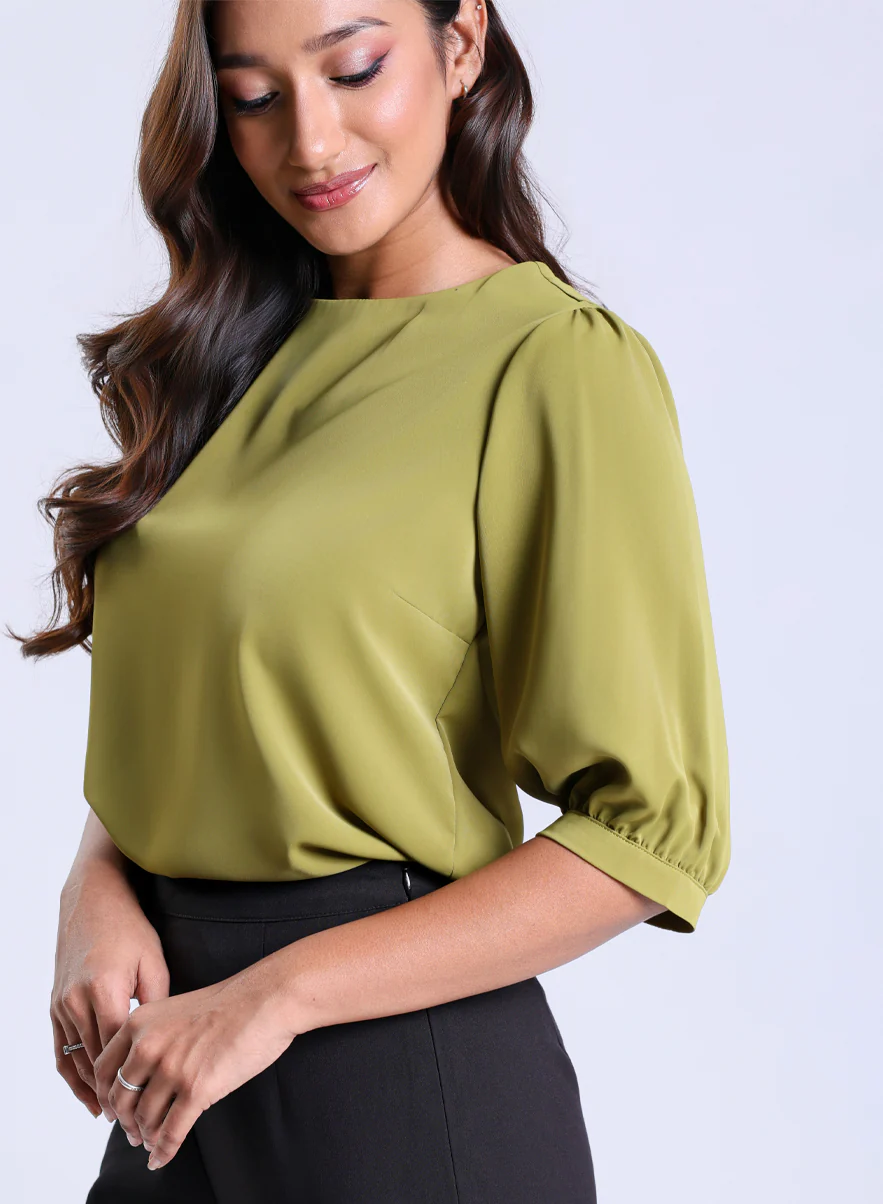 Half Sleeve Solid Green Chiffon Top - Image 3