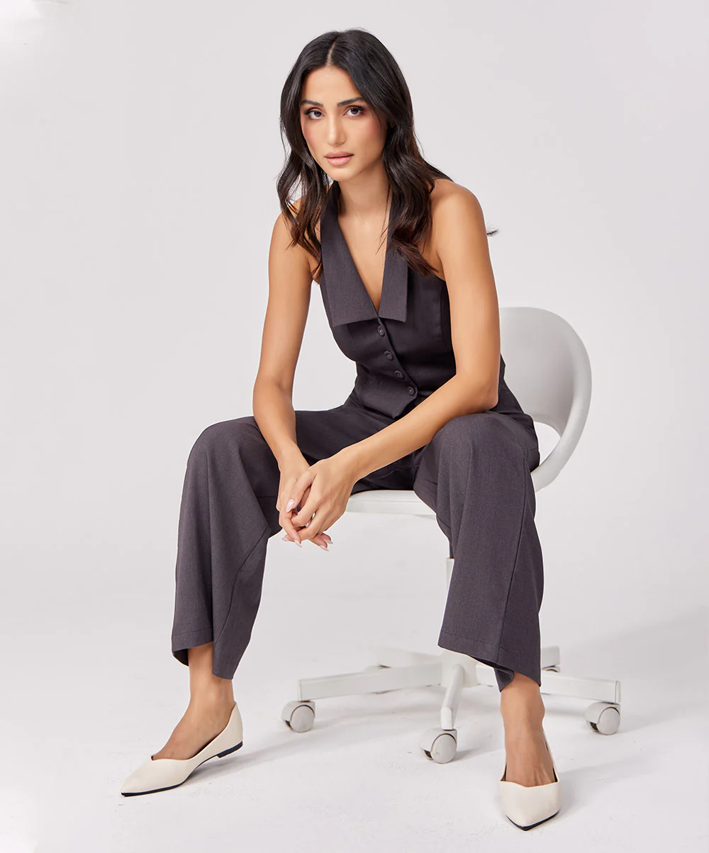 Halter Neck Buttoned Dark Grey Waistcoat - Image 3