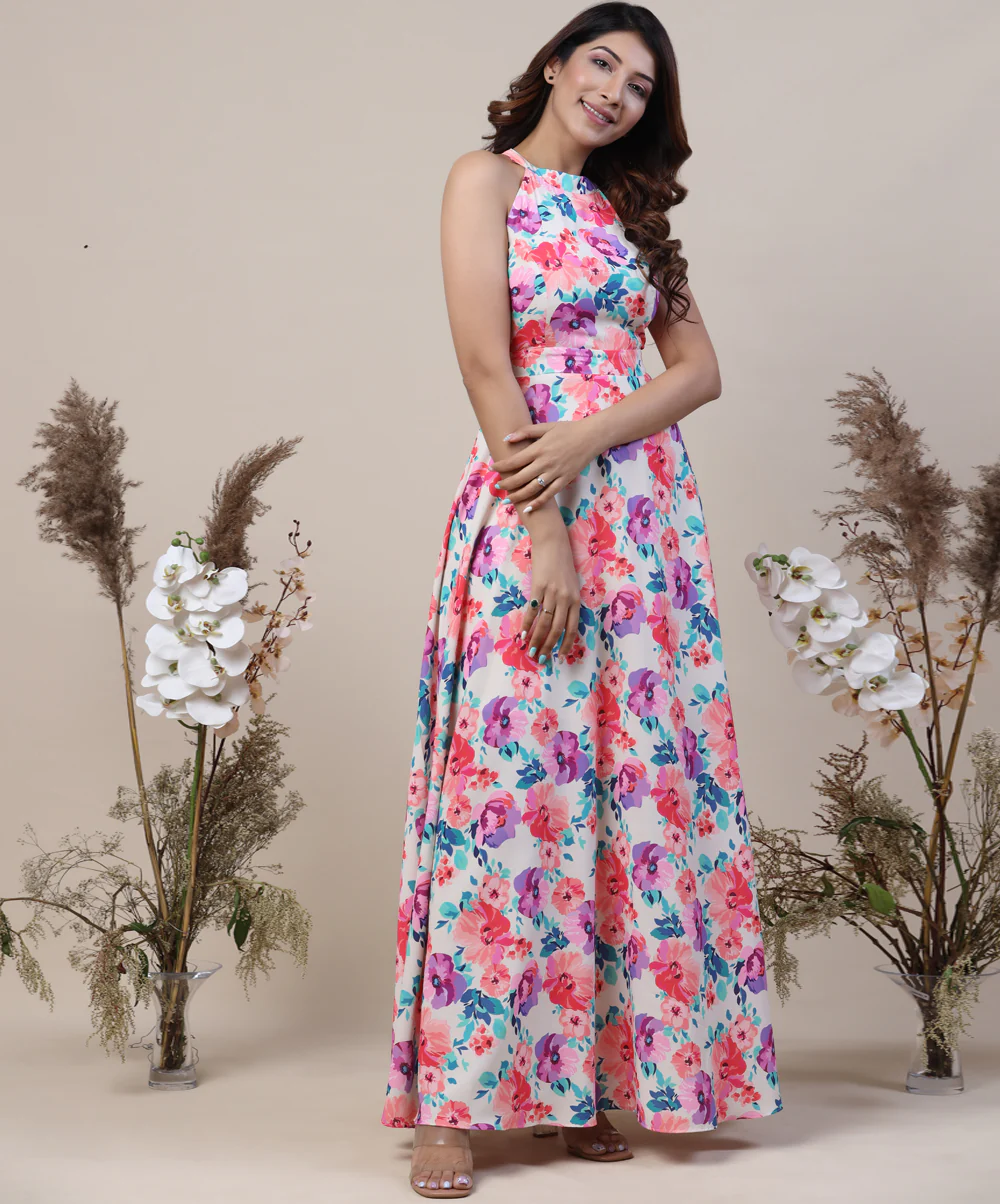 Halter Neck Floral Printed Chiffon Maxi - Image 2