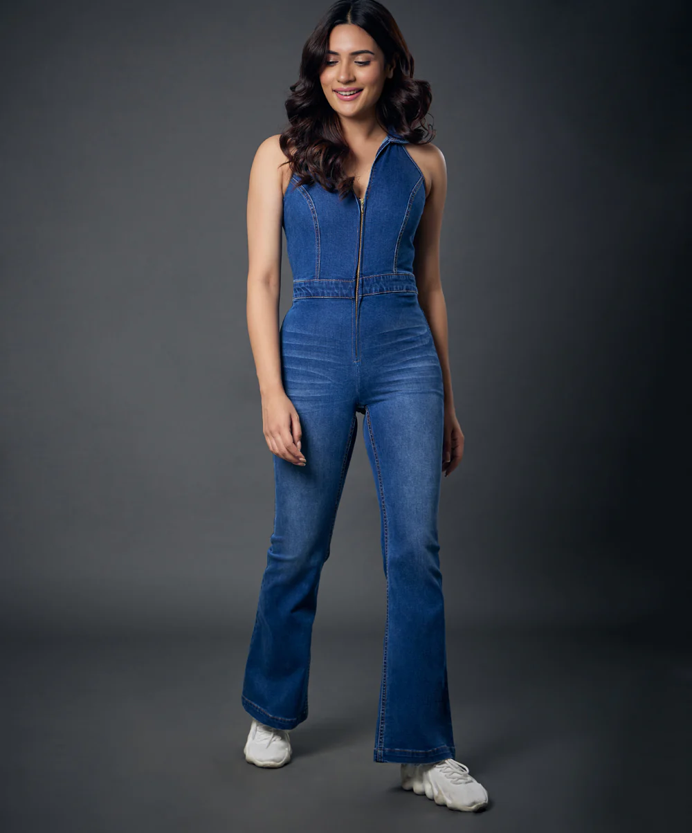 Halter Neck Front Open Denim Jumpsuit - Image 4