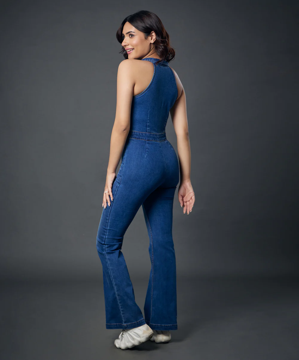 Halter Neck Front Open Denim Jumpsuit - Image 6