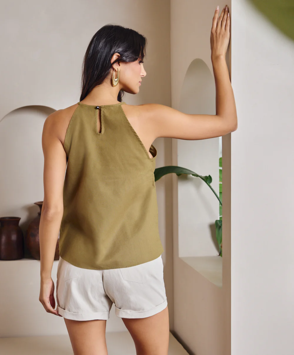 Halter Neck Linen olive Top - Image 4