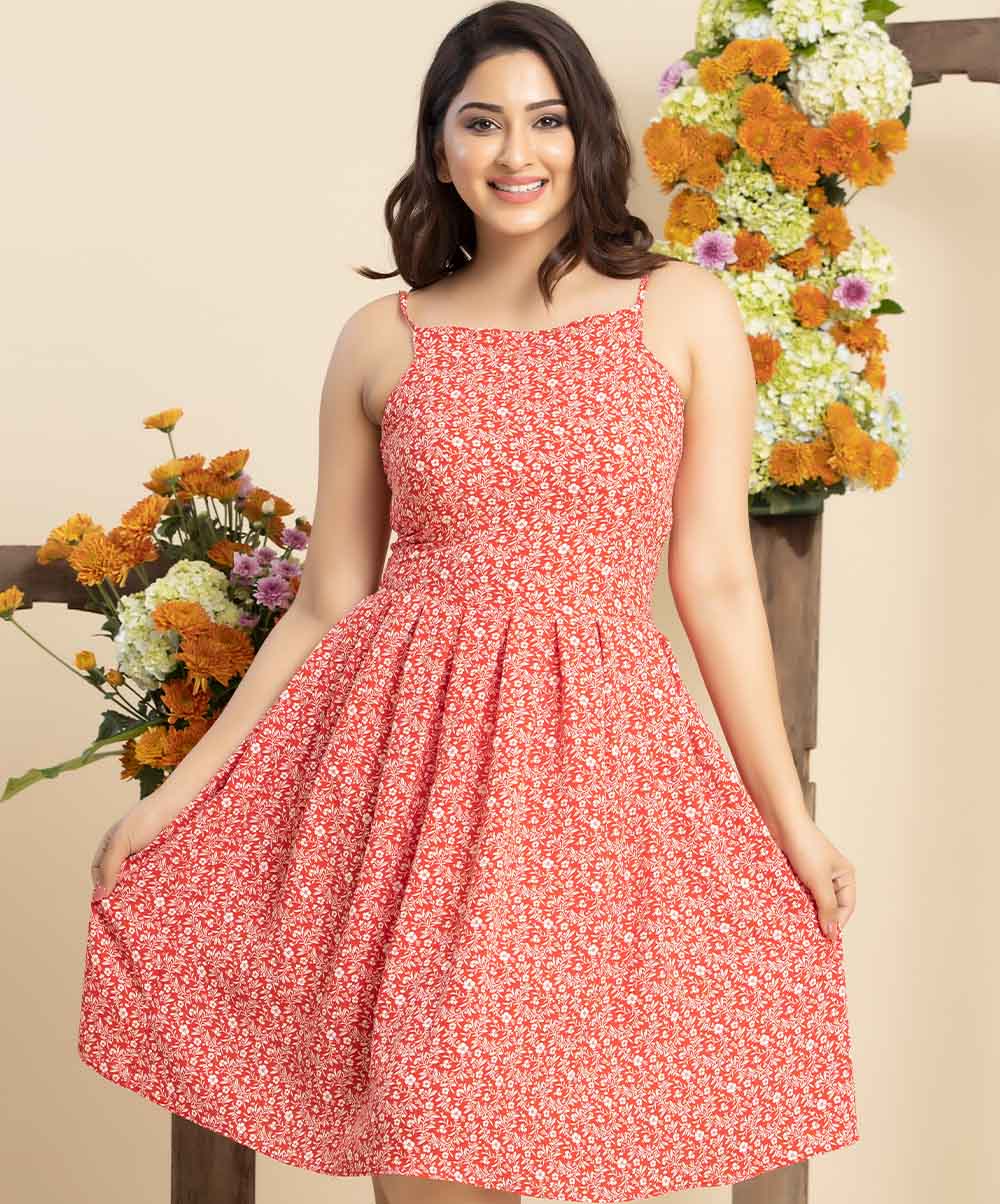 Red Halter Neck Strappy Printed Dress - Image 2