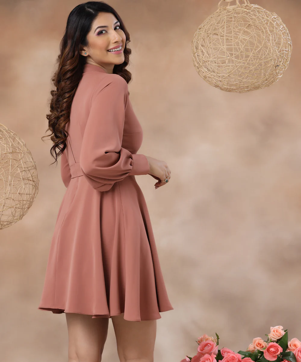 High Neck Belted Skater Brown Dress - Image 2