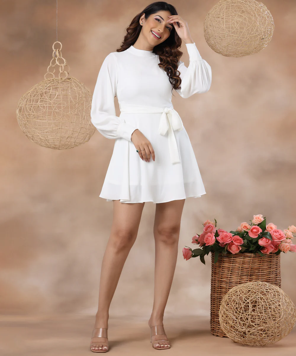 High Neck Belted Skater White Dress - Image 2