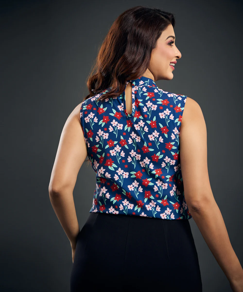 High Neck Chiffon Blue Sleeveless Top - Image 5