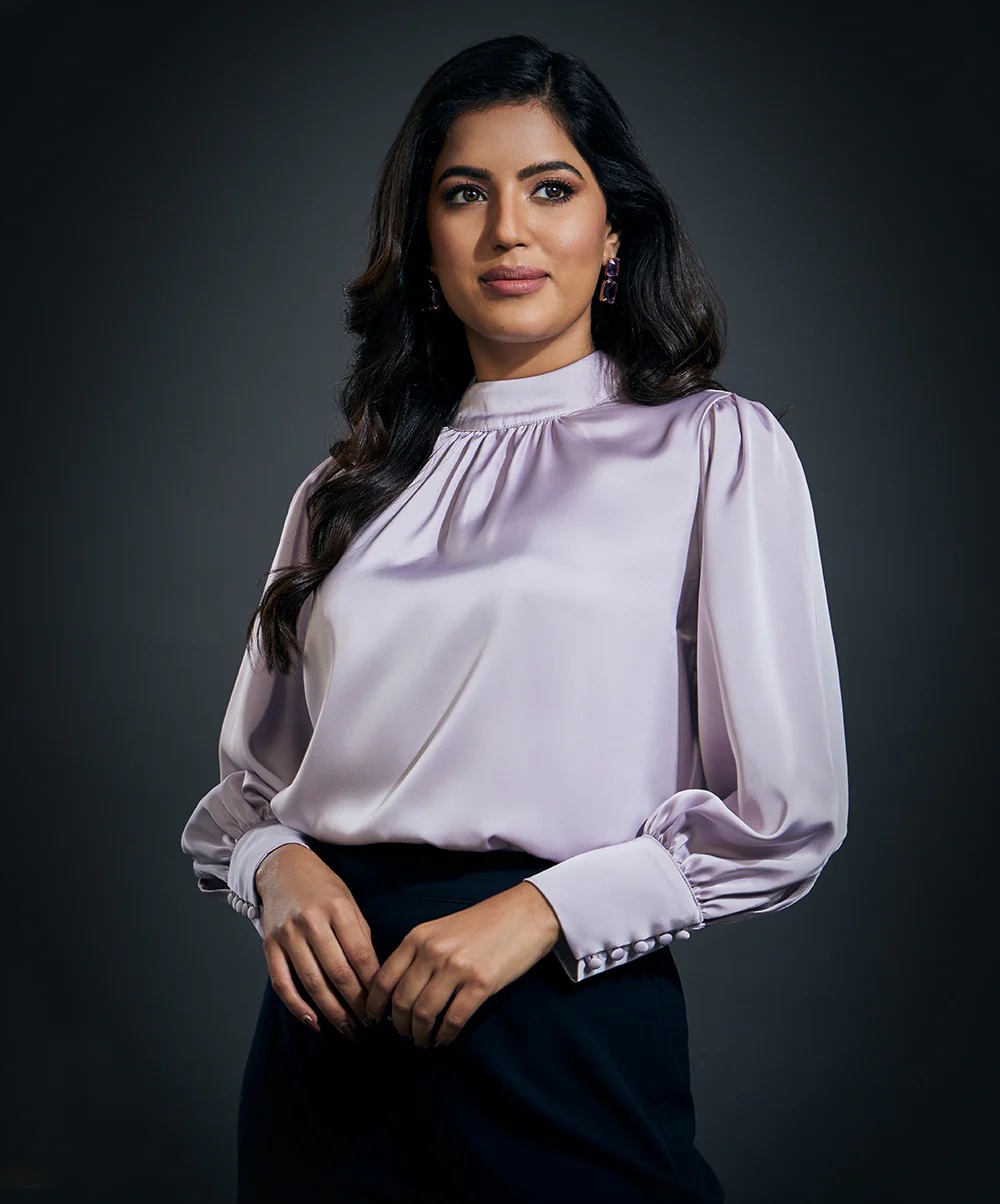 High Neck Long Sleeve Button Detailed Satin Top-Light Purple - Image 2