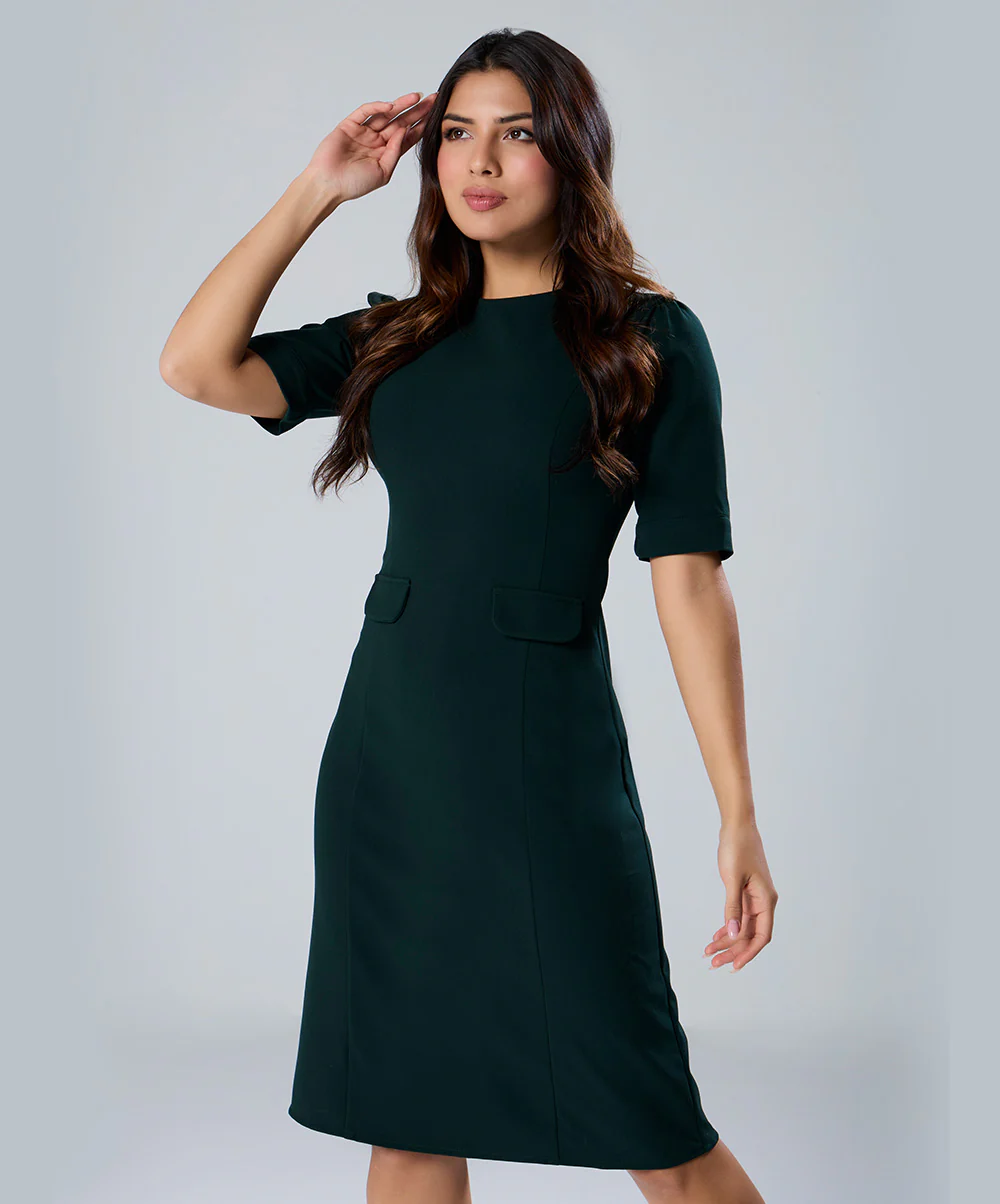 High Neck Midi Length Formal Green Dress