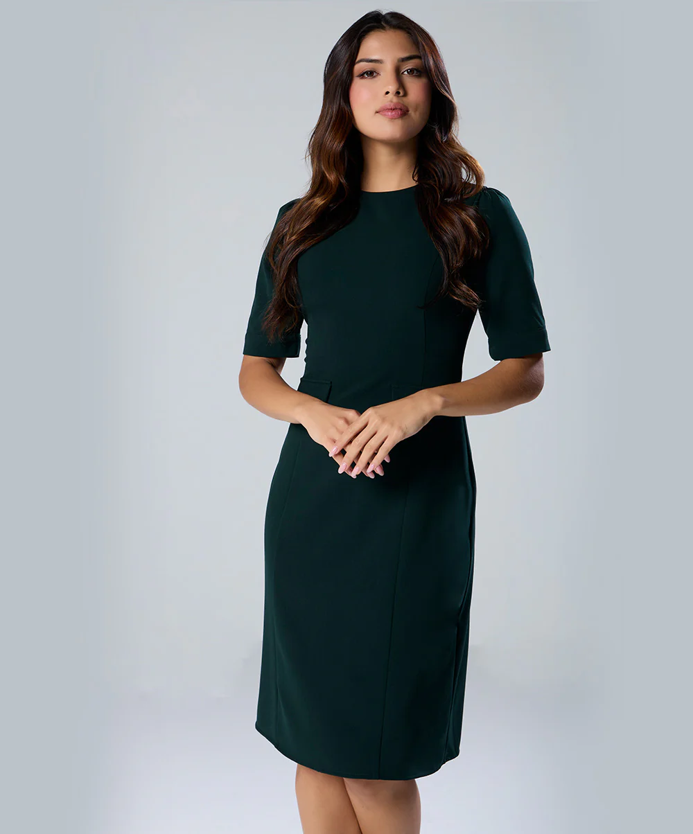 High Neck Midi Length Formal Green Dress - Image 3
