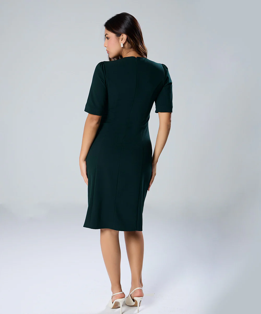 High Neck Midi Length Formal Green Dress - Image 5