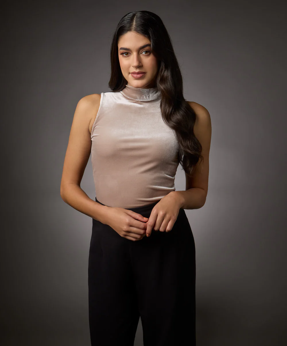 High Neck Sleeveless Velvet Top- Beige
