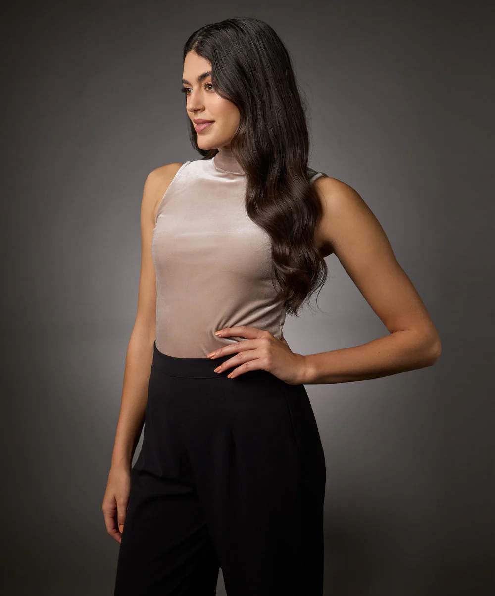 High Neck Sleeveless Velvet Top- Beige - Image 2