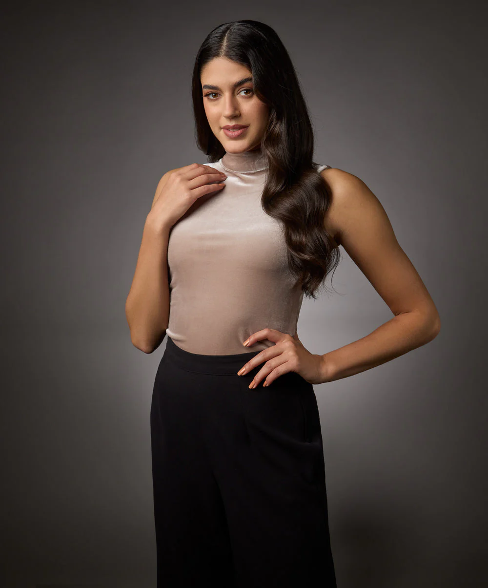 High Neck Sleeveless Velvet Top- Beige - Image 3