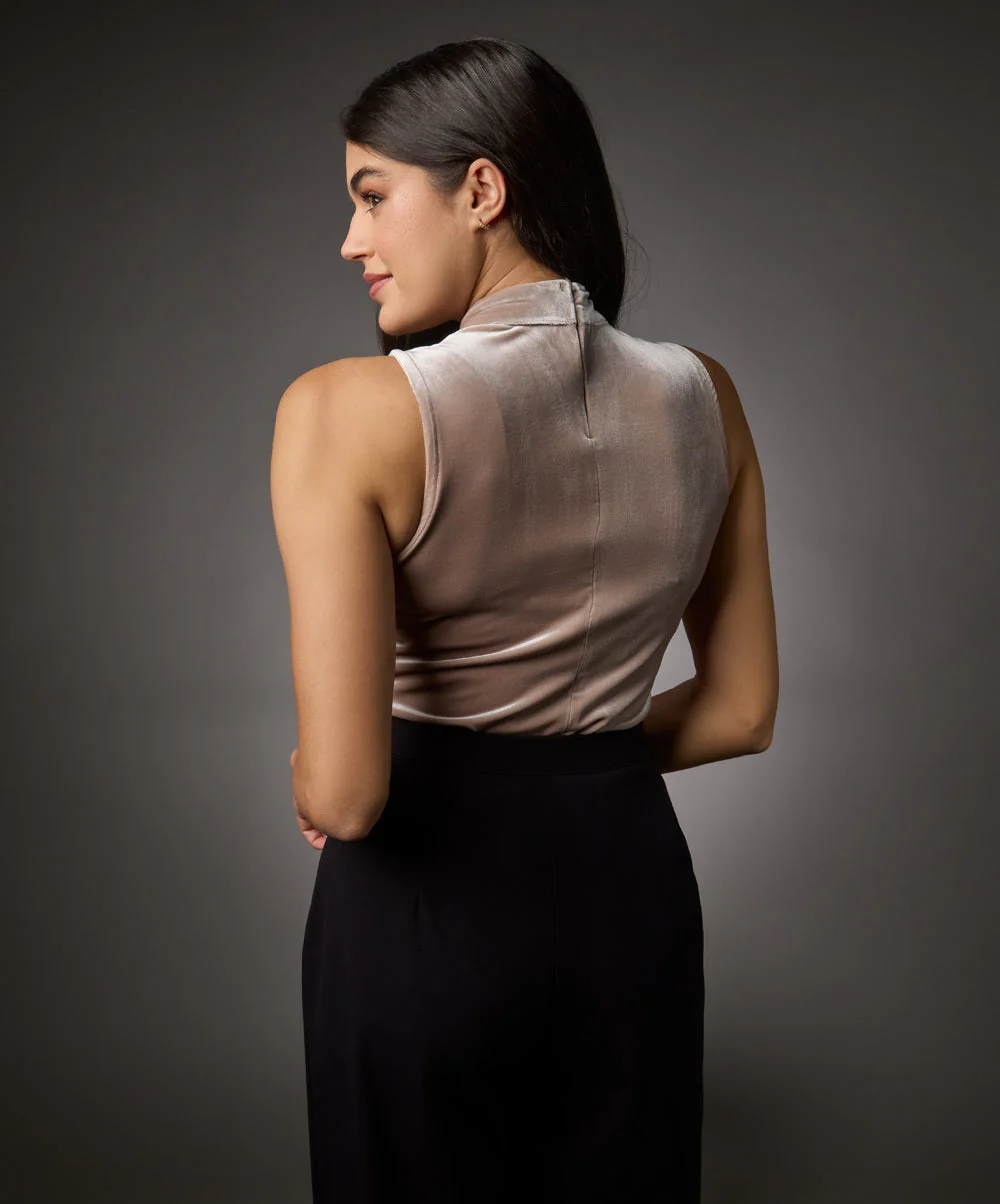 High Neck Sleeveless Velvet Top- Beige - Image 4