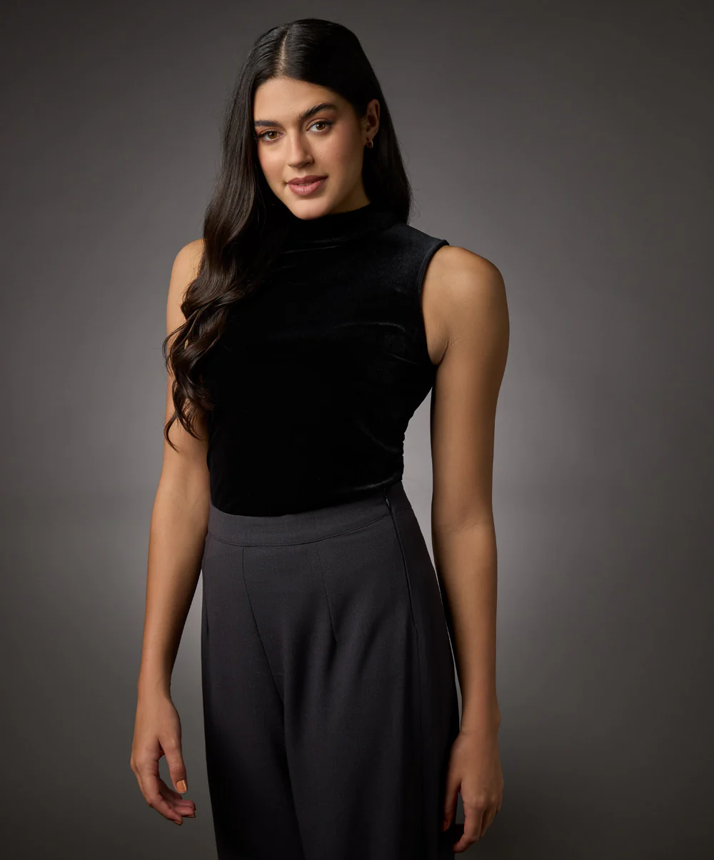 High Neck Sleeveless Velvet Top- Black - Image 2