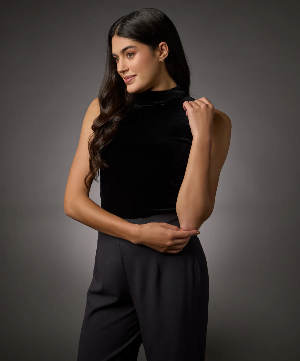 High Neck Sleeveless Velvet Top- Black - Image 3