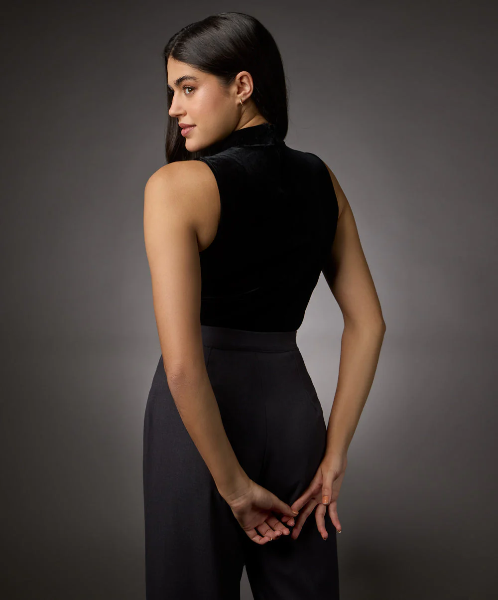 High Neck Sleeveless Velvet Top- Black - Image 4