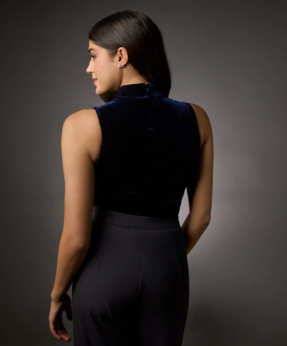 High Neck Sleeveless Velvet Top-Navy Blue - Image 5