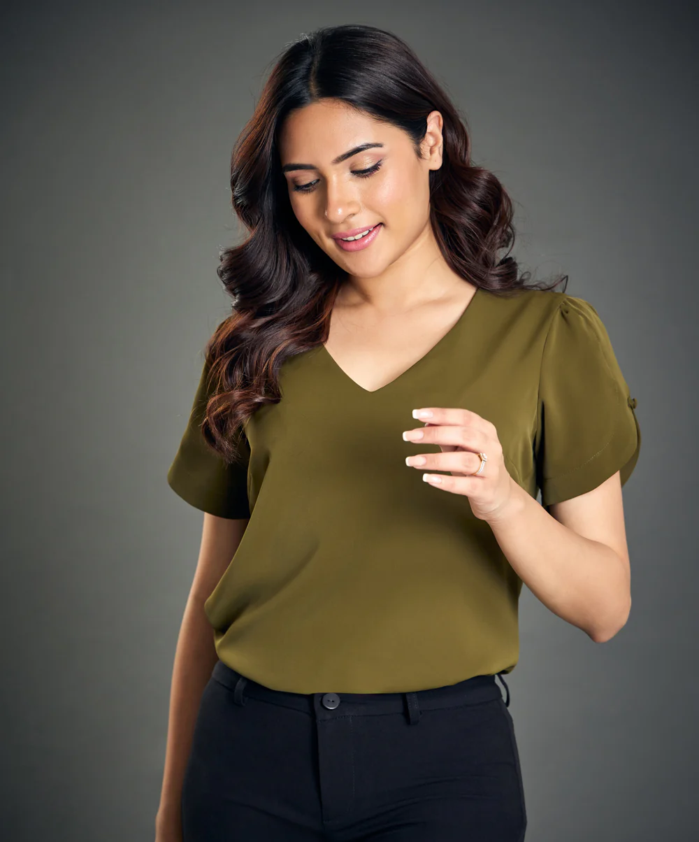 Khaki Chiffon Top With A Button - Image 3