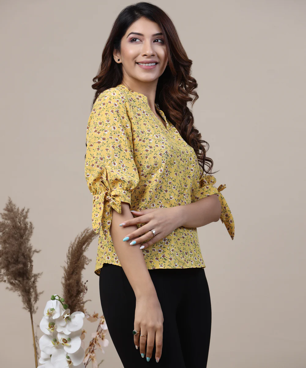 Knot Cuff Floral Printed Yellow Top - Image 2