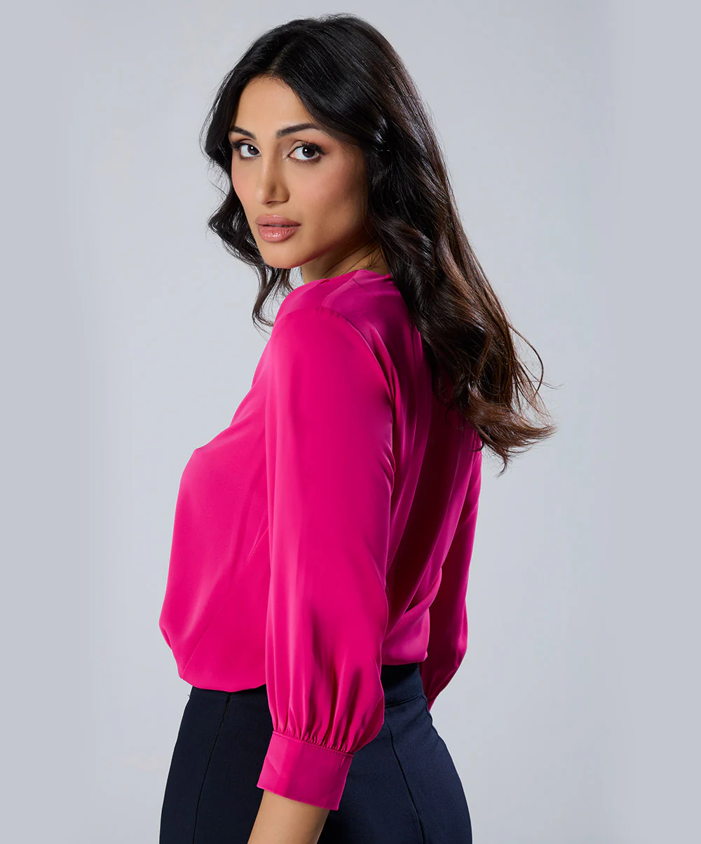 Lapel Collared Chiffon Half Sleeve Pink Top - Image 2