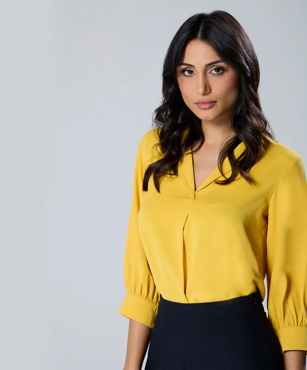 Lapel Collared Chiffon Half Sleeve Yellow Top - Image 2