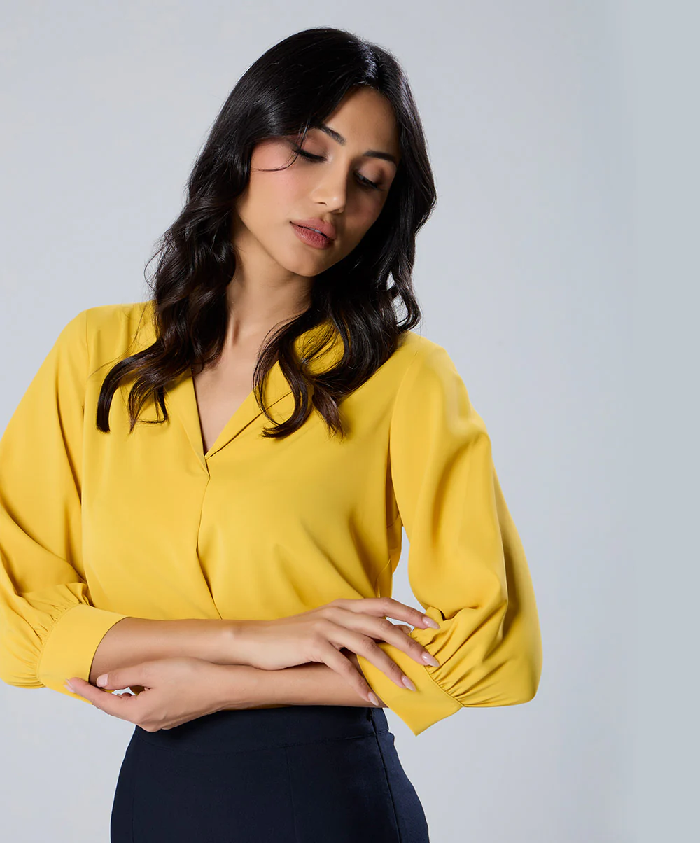 Lapel Collared Chiffon Half Sleeve Yellow Top - Image 3