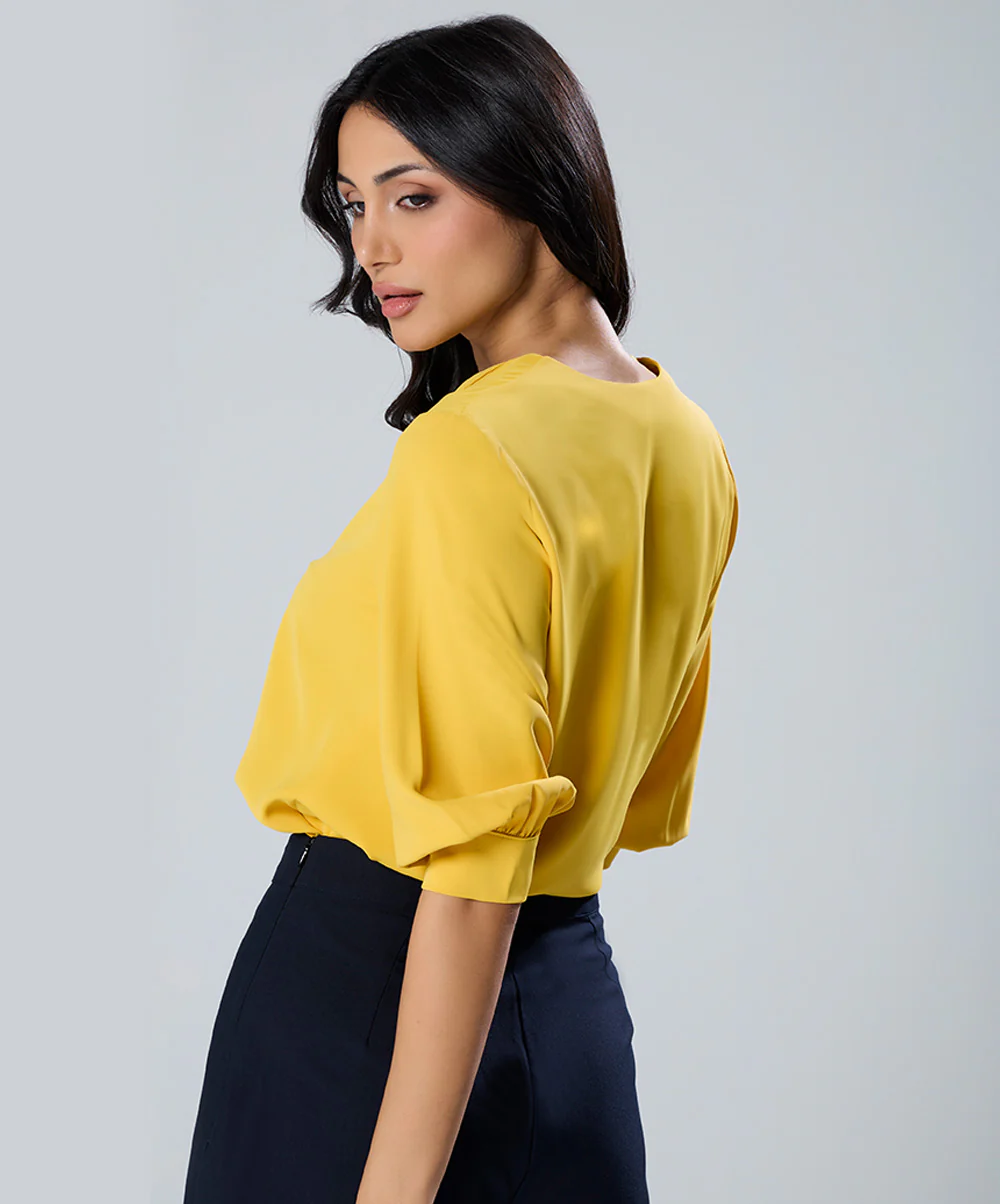 Lapel Collared Chiffon Half Sleeve Yellow Top - Image 4