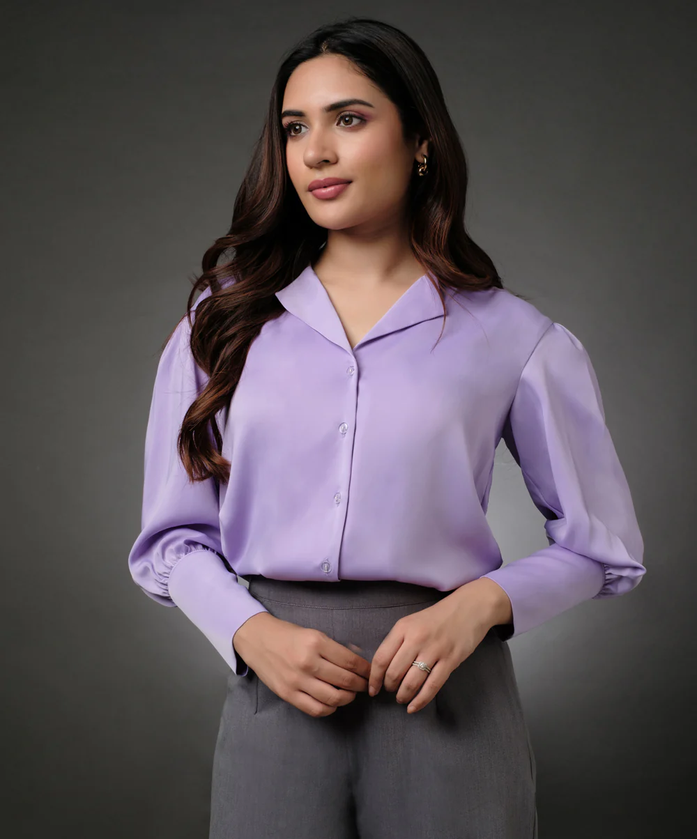 Lapel Collared Lavender Long Sleeve Shirt - Image 2