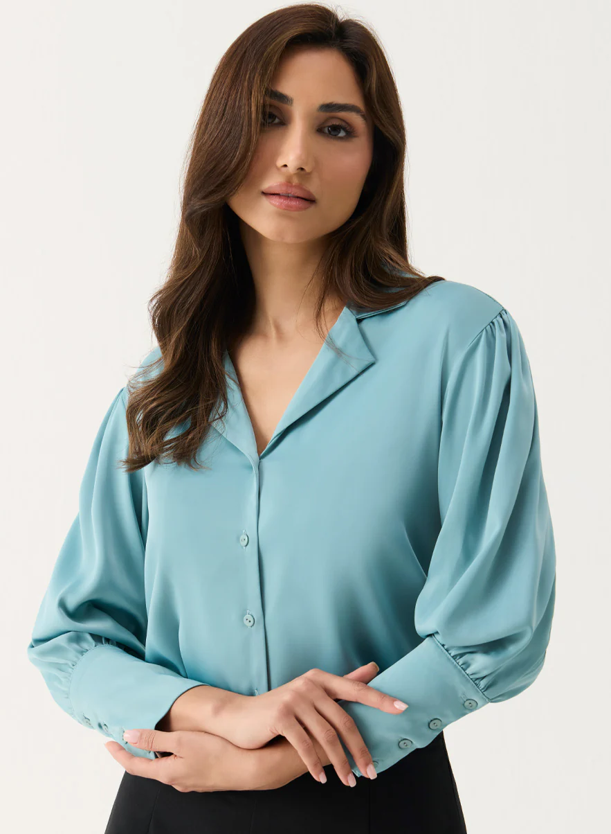 Lapel Collared Sation Shirt Top -Light Blue - Image 2