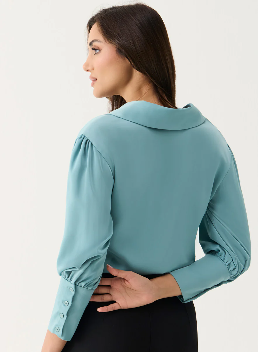 Lapel Collared Sation Shirt Top -Light Blue - Image 3