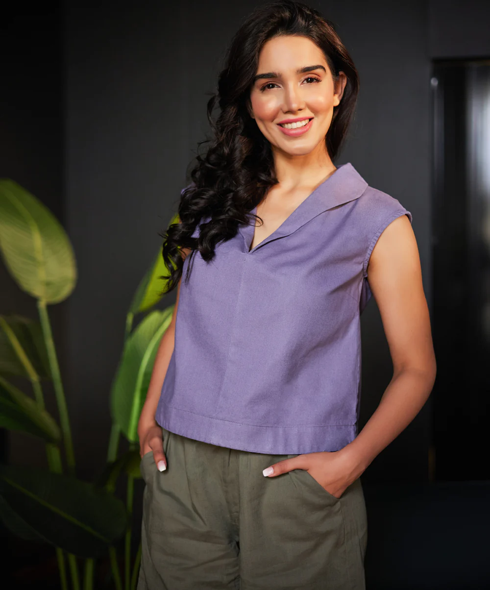 Lapel Vneck Linen Solid Top