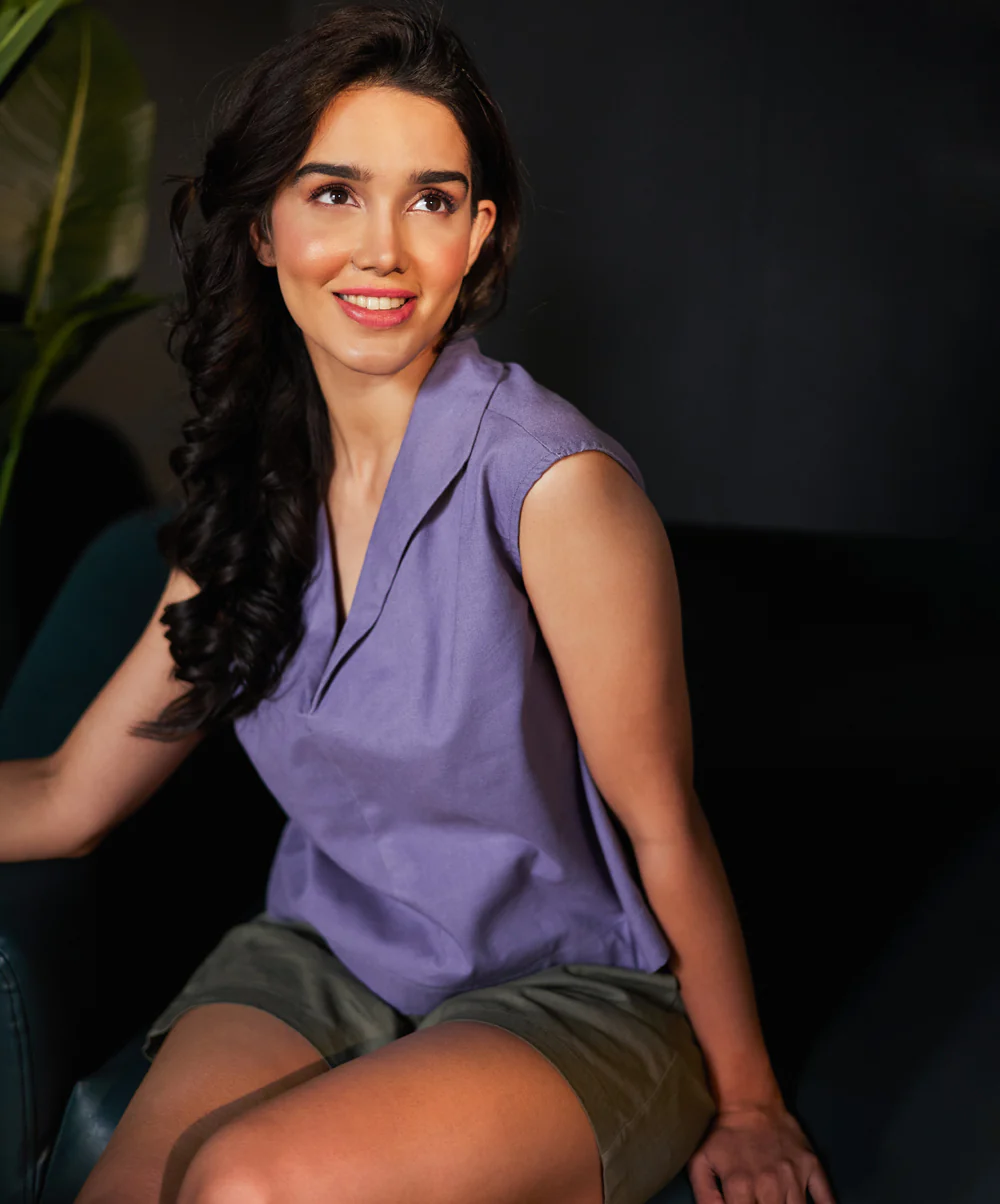 Lapel Vneck Linen Solid Top - Image 2