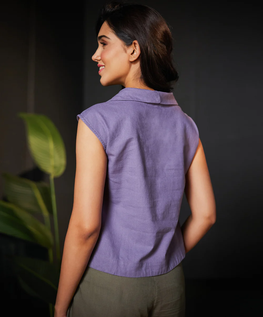 Lapel Vneck Linen Solid Top - Image 3