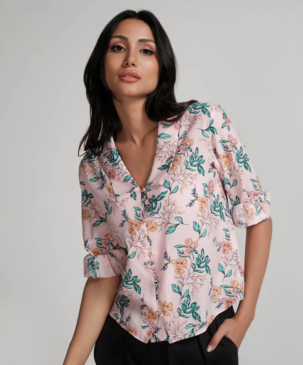 Large Collared Vneck Printed Pink Top - Image 2