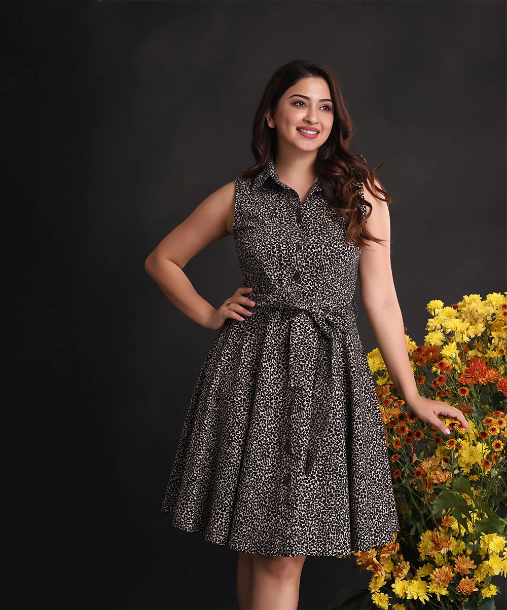 Leopard Printed Pleated Skater Dress
