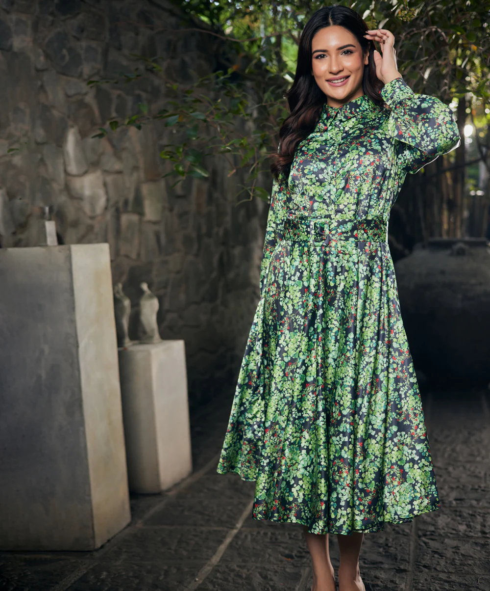 Long Leave Printed Satin Dress - Image 2