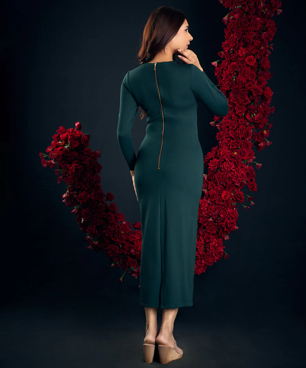 Long Sleeve Bodycon Green Midi Dress - Image 4