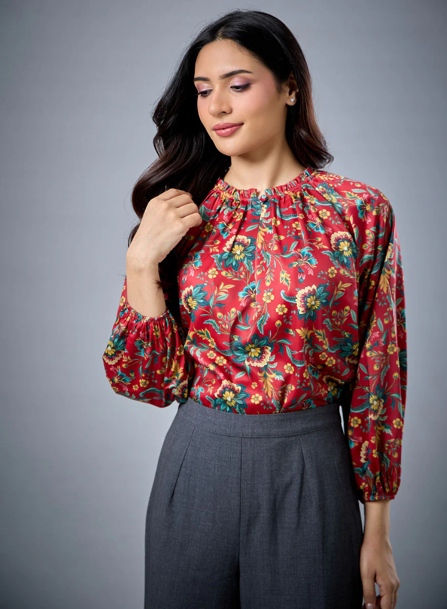 Long Sleeve Bold Red Floral Top - Image 3