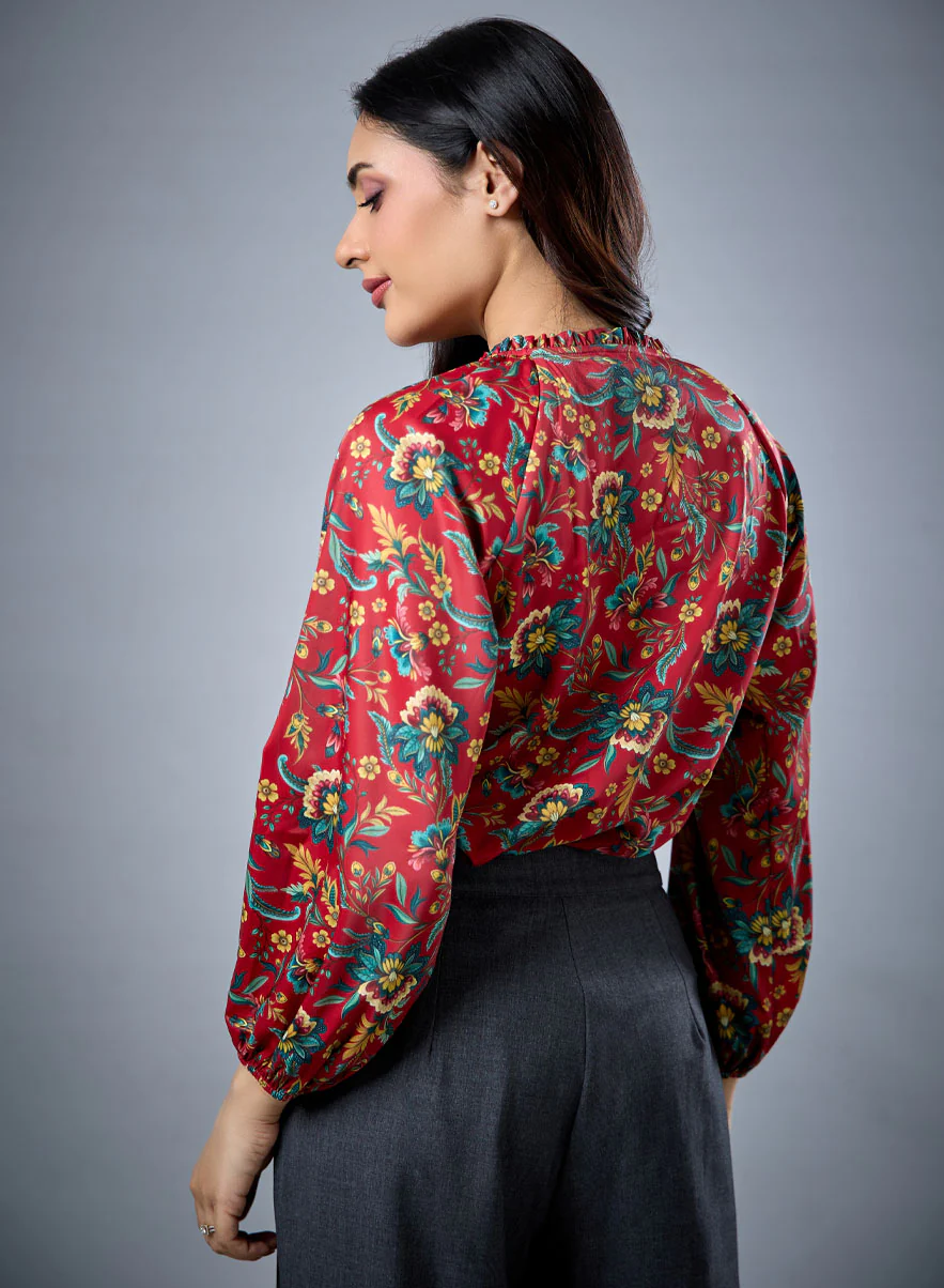 Long Sleeve Bold Red Floral Top - Image 4