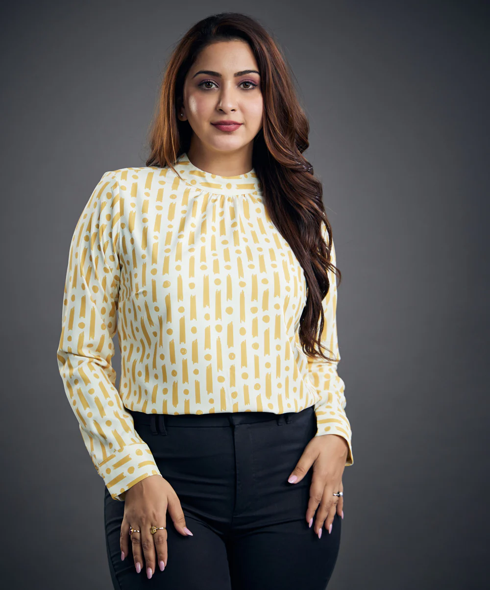 Long Sleeve Chiffon Yellow Printed Top - Image 2