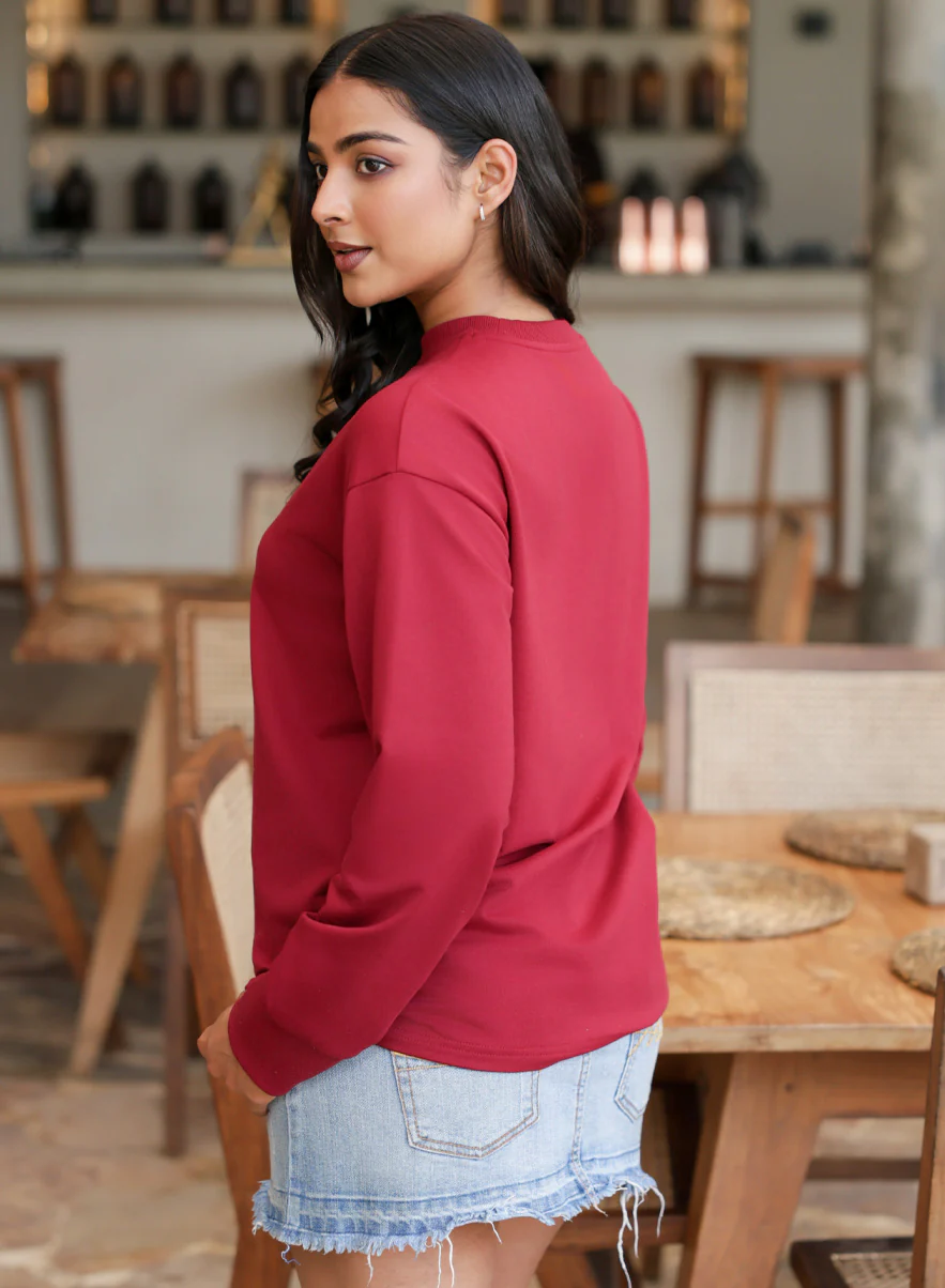 Long Sleeve Crew Neck Maroon T-Shirt - Image 4