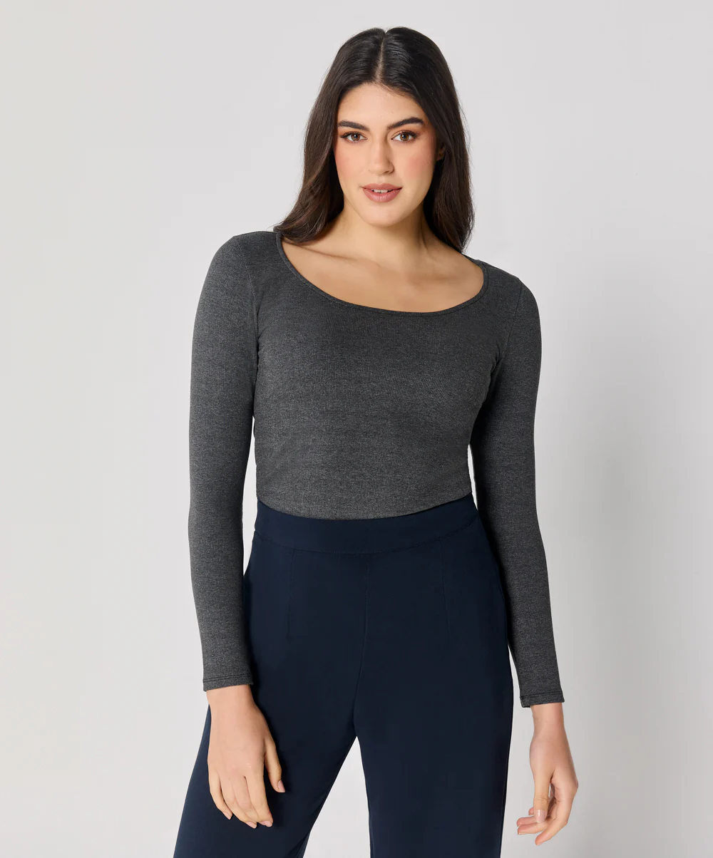 Long Sleeve Dark Grey Rib Top - Image 2