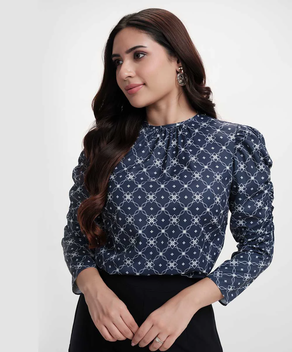 Long Sleeve Detailed Printed Chiffon Blue Top