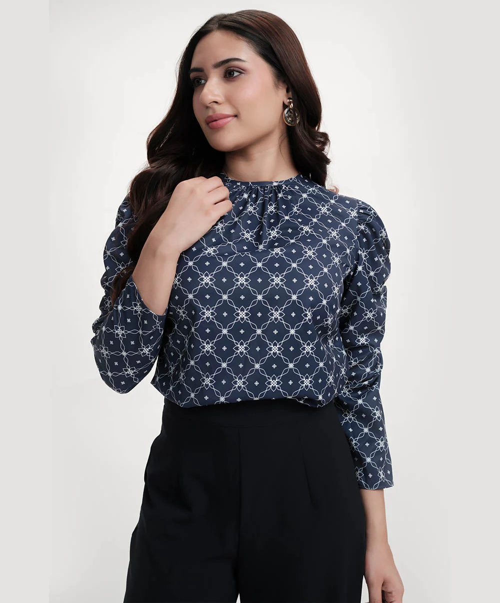 Long Sleeve Detailed Printed Chiffon Blue Top - Image 2