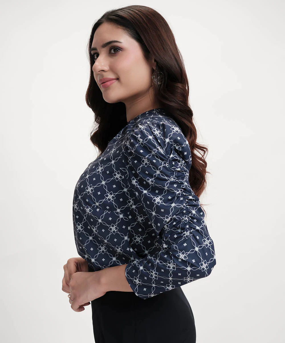 Long Sleeve Detailed Printed Chiffon Blue Top - Image 4